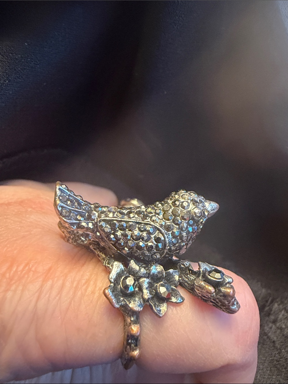 Vintage Silver-Tone Bird Ring with Crystal Accents. Kitschy Retro